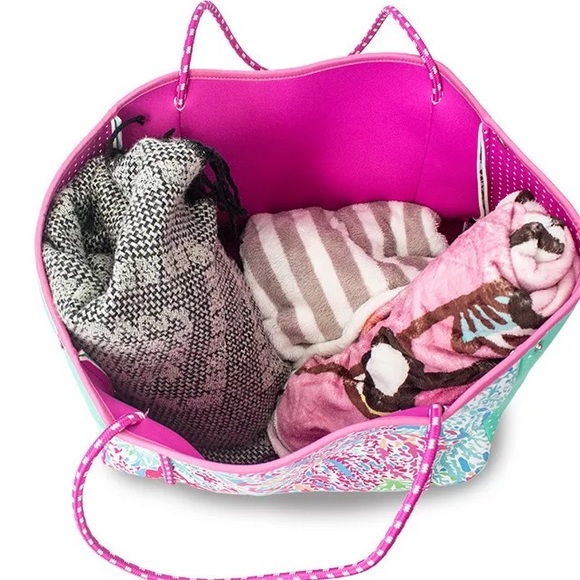 new lily pink CORAL REEF waterproof neoprene tote light resort travel beach bag - Picture 14 of 16